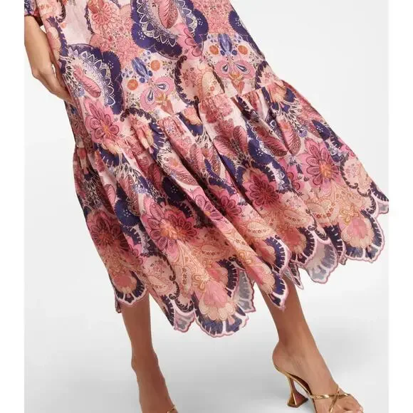 Zimmermann Laurel Billow Belted Puff Sleeve Midi Linen Dress Pink Purple - Picture 6 of 16
